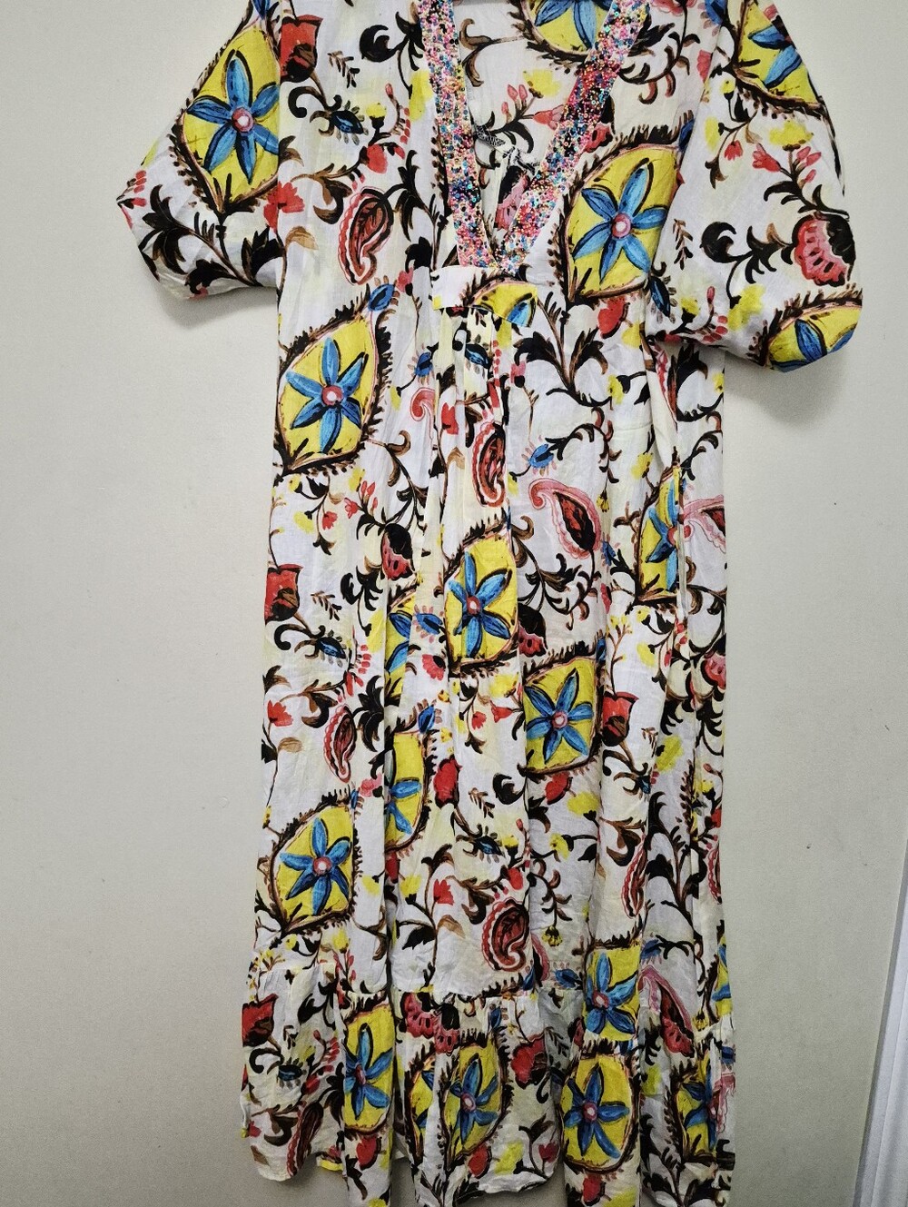 POL White Maxi Dress with Yellow & Blue Floral Medallions